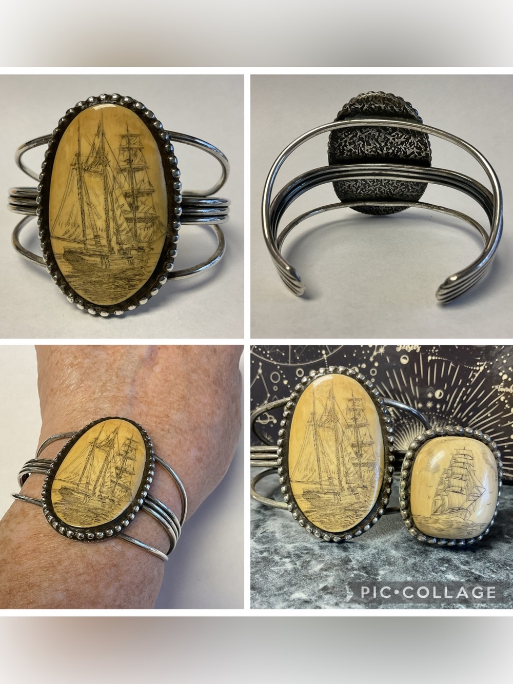 Alaskan Silver & Ivory Scrimshaw Tall Ship Cuff Bracelet Vtg 1974